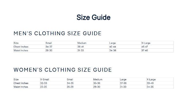 Size Guide Fila Menswear and Womenswear